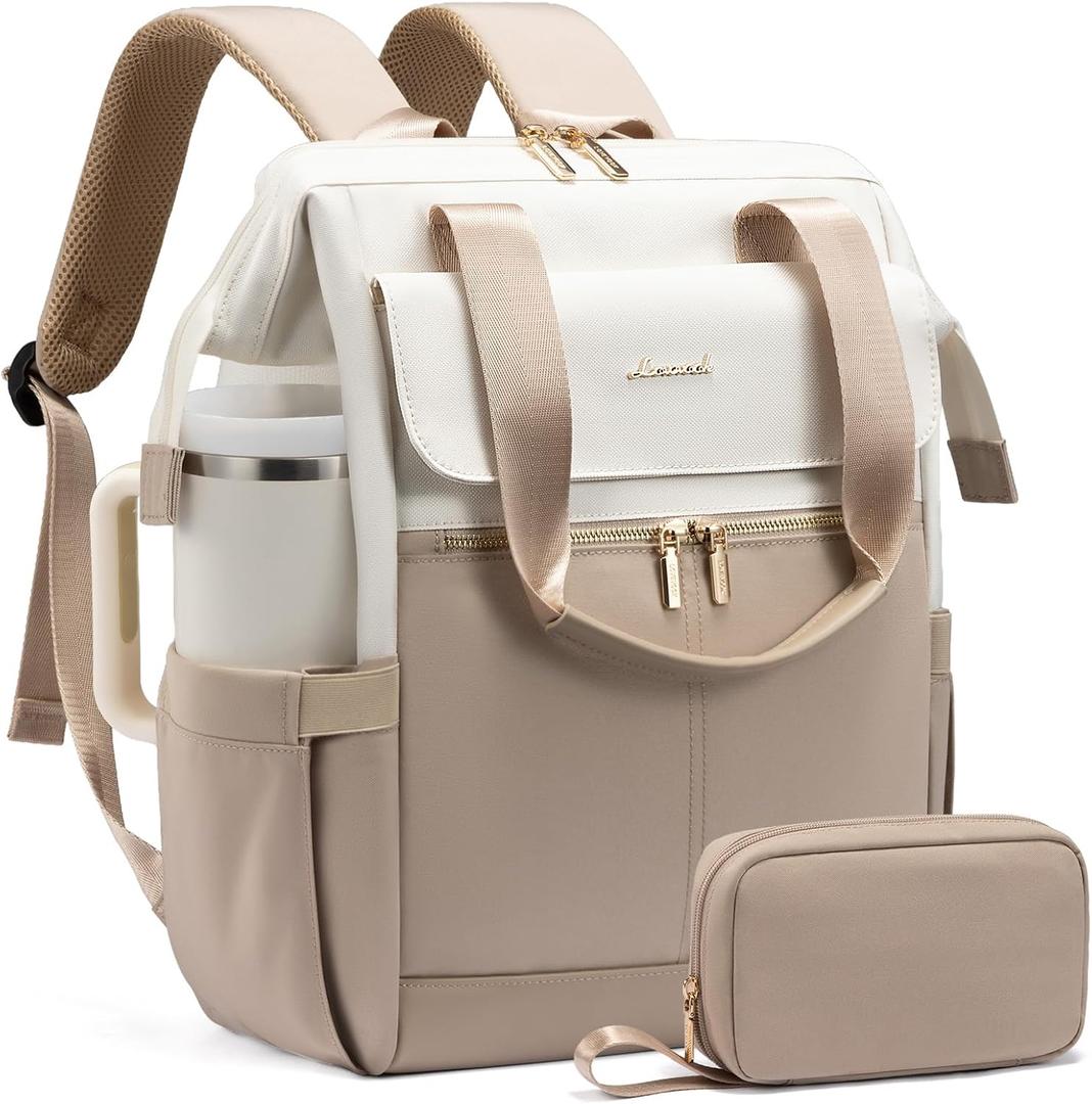 LOVEVOOK Laptop Backpack for Women, 15.6 Inch Work Laptop Bag with USB Port, Fashion Teacher Nurse Backpack Purse, Waterproof Travel Computer Backpack with Organizer Bag, 2PCS, Beige-Khaki