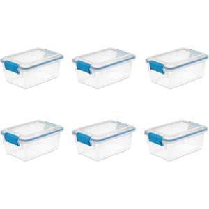 Sterilite 7.5 Qt Gasket Box, Stackable Storage Bin with Latching Lid and Tight Seal, Plastic Container to Organize Basement, Clear Base, Lid, 6-Pack