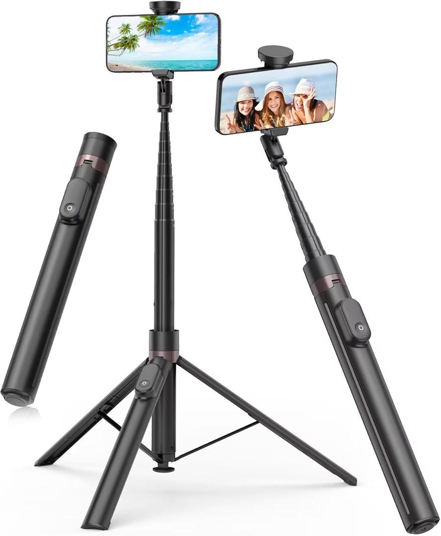 TONEOF 66" Automatic Tripod,Auto-Open Phone Tripod Stand with Magnetic Rechargeable Remote, Selfie Stick Tripod 360 Vertical & Horizontal Rotatable, Stable Travel Tripod for iPhone/Android(Black)