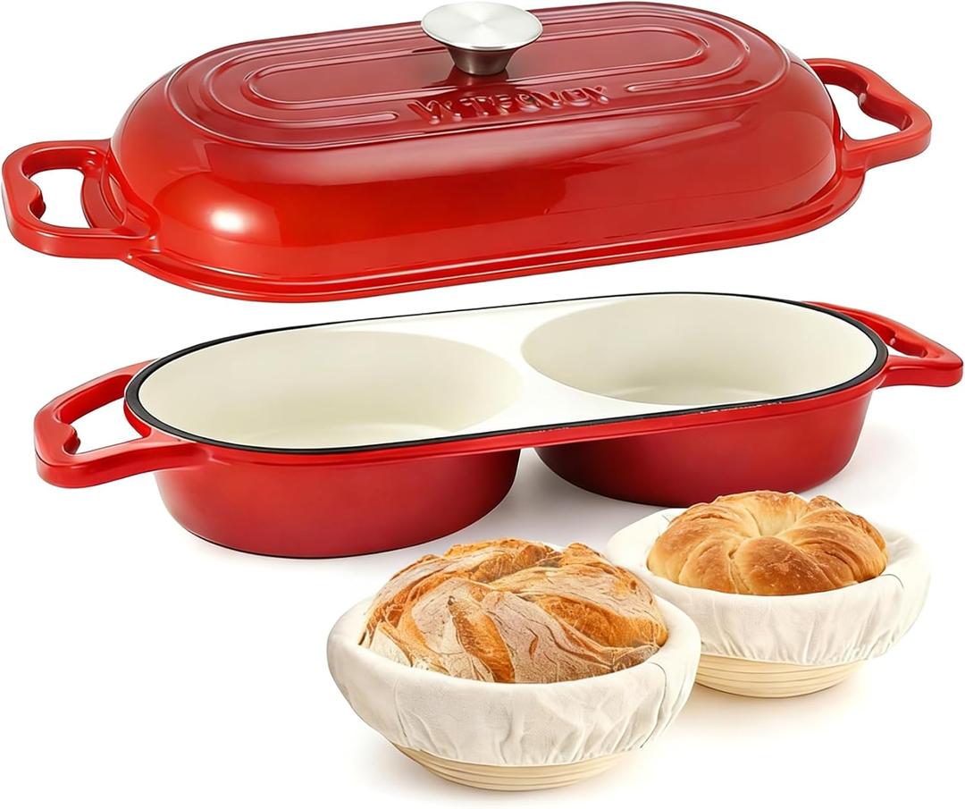 DIY Double Dutch Oven for Sourdough Bread Baking Enamel Cast Iron Bread Baker with Lid, Bake Two Different Loaves at Once, 500F Oven Safe, Includes 25" Banneton Proofing Baskets