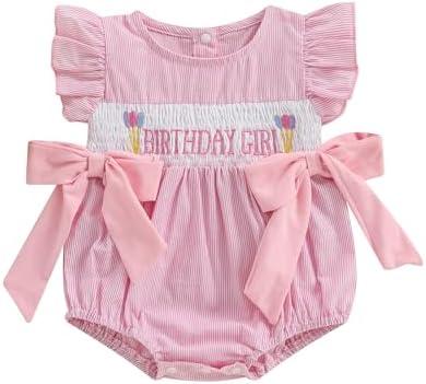 Xiaodriceee Newborn Baby Girl Half First Birthday Outfit Smocked Bubble Romper Fly Sleeve Bodysuit Cake Smash Outfit (12-18M)