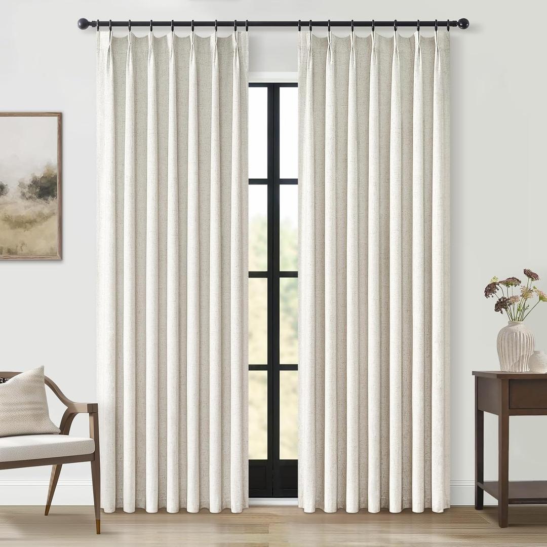 Topfinel Pinch Pleated Curtains 96 Inch Long, 100% Blackout Thermal Insulated Natural Linen Pinch Pleat Viral Drapes with Hooks Rings 2 Panel Sets, Neutral Beige Ivory 8FT Back Tab Window Curtains