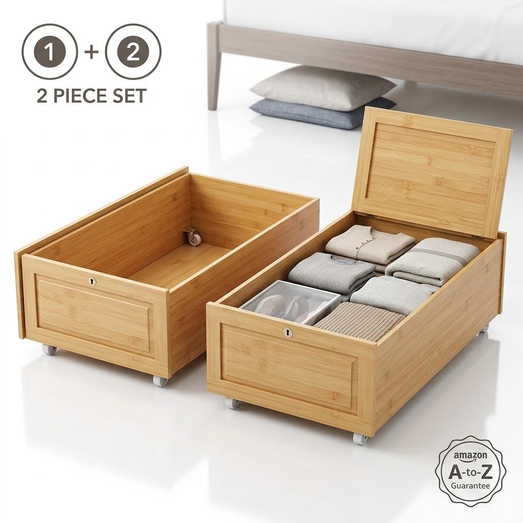 Underbed 2 Piece Bamboo Storage, Natural Bamboo Underbed Storage Containers with Wheels (33" x 16.5" x 7.48") – Rolling Under-Bed Storage Bin