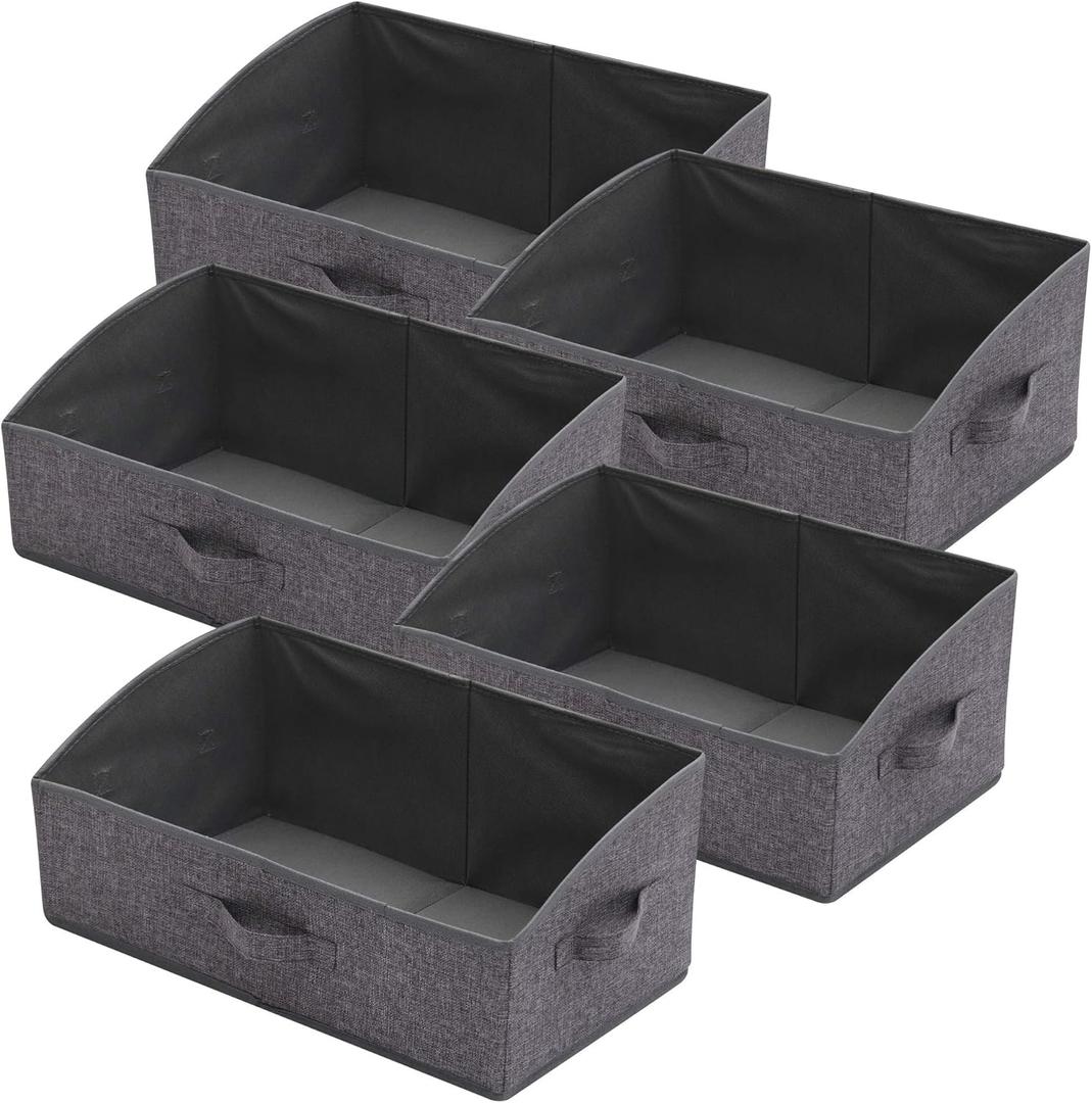 5 Pack Trapezoid Large Foldable Closet Storage Bins with Handle, Fabric Storage Organizer Cube Cloth Containers Linen Box Shelf Baskets for Clothes Clothing Shelves Wardrobe, Grey