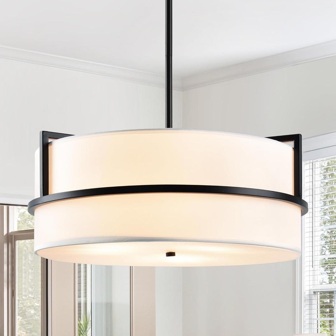 16'' Black Drum Chandelier, 3-Light Modern Chandelier with White Fabric Shade, Adjustable Height Pendant Lighting, Ceiling Light Fixture for Dining Room, Kitchen Island, Living Room, Bedroom