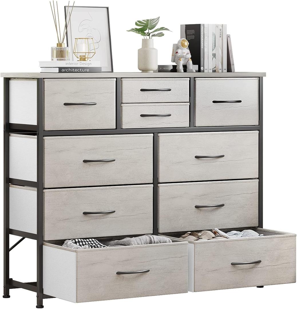 LUMTOK 10-Drawer Dresser, Fabric Storage Dresser Drawers for Bedroom, Hallway, Nursery, Closets, Steel Frame, Wood Top, Easy Pull Handle (Greige), 11.8"D x 39.4"W x 39"H