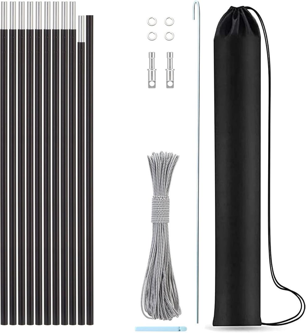 Hibinew Aluminum Tent Poles Replacement, Pre-Assembled, Fits Both Female and Male Ends, 7001 T6 Lightweight, Black, 14ft 7.4in