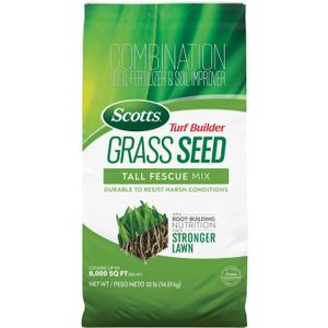 Scotts Turf Builder Grass Seed Tall Fescue Mix - Durable to Resist Harsh Conditions, Lawn Seed, Grass Fertilizer & Soil Improver, Covers up to 8,000 sq. ft., 32 lb. (EXP 12/03/27)