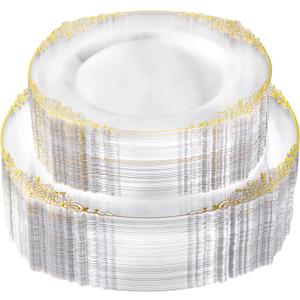 100 PCS Clear and Gold Plastic Plates for 50 Guests, Clear Disposable Plates Include 50 PCS Dinner Plates, 50 PCS Dessert Plates for Party, Wedding and Graduation