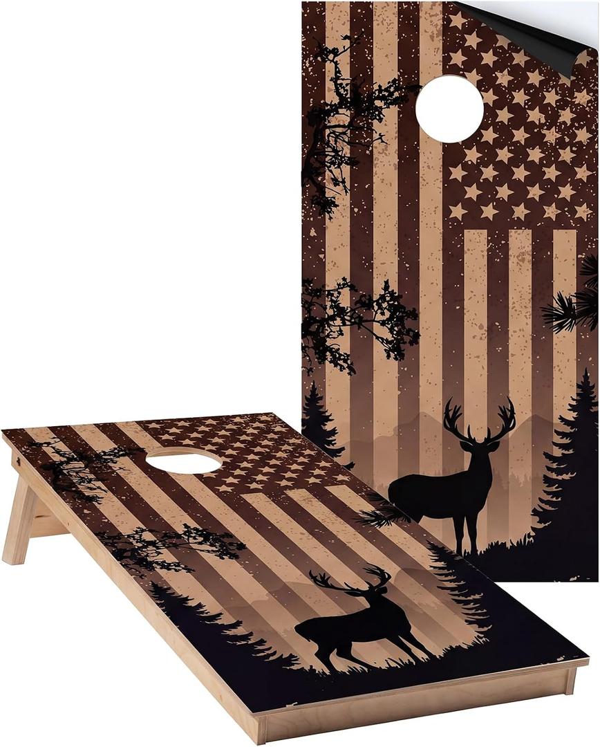 2 Pcs Cornhole Board Wraps - 24.5" x 48.5" Vinyl American USA Flag Scenic Deer Laminated Cornhole Game Wraps Decal Stickers for Corn Hole Indoor Outdoor, Boards Not Included