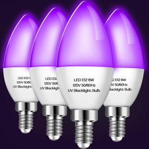 Qualirey 4 Pieces LED Black Light Bulb 6w E12 Base Blacklight Candle Bulb Glow in The Dark Party Level 395-400 Nm Halloween Black Lights for Home Stage DJ Disco, Body Paint, Neon Poster