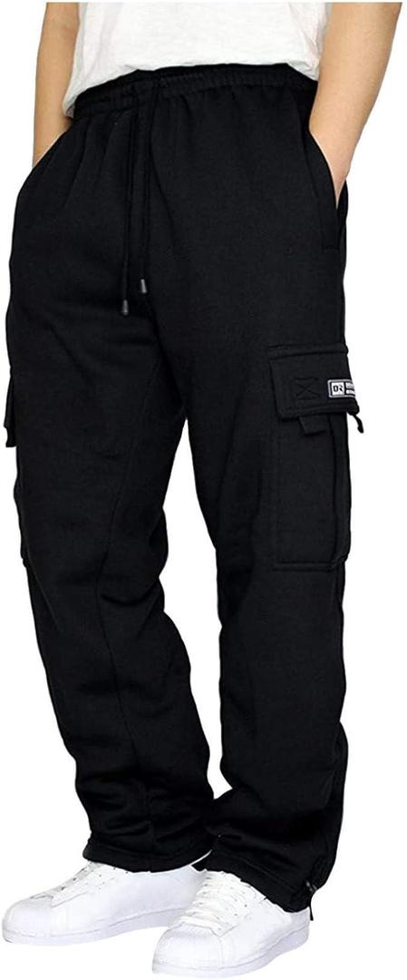Men's Cargo Sweatpants Casual Fleece Joggers Loose Fit Open Bottom Athletic Pants for Men with Pockets (Medium, Black)