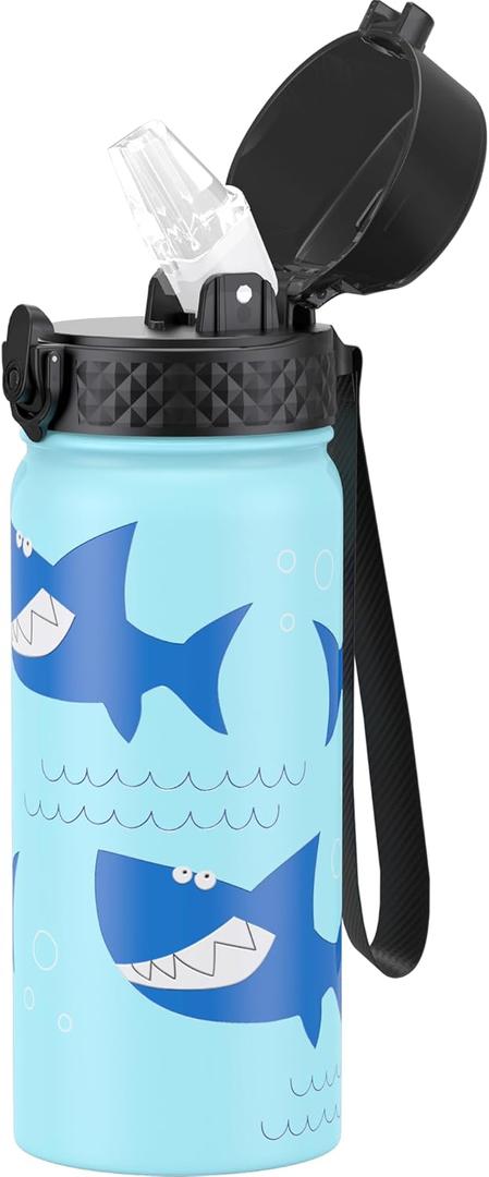 GOPPUS Kids Water Bottle (Straw Lid) - 18 Oz Stainless Steel Travel Bottle, Double Wall Vacuum Leak Proof Kids Cup for School Boys Girls,Iron Shark