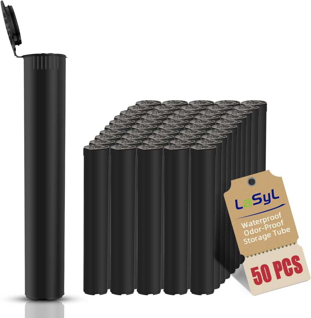 LaSyL 116mm Pre Roll Tubes - 50 Pcs, Waterproof Airtight Odor Sealing Smell Proof Container with Squeeze Pop Top, BPA Free, Black
