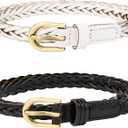 2 pack Skinny Braided Belts for Women Woven Thin Waist Dresses Faux Leather Belt for Jeans Pants 2/5"