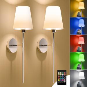 Battery Operated Wall Sconces Set of Two, Chrome Wireless Wall Lights with 5200mAh Dimmable Bulbs and Remote, 12 Color Rechargeable Wall Sconce for Bedroom Living Room Hallway, 24 Inch