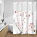 WITHLOC No Hook Shower Curtain with Snap in Liner - Floral Shower Curtain - Fabric Waterproof Inner Liner, Plants Watercolor Blush Modern Cloth Shower Curtains - Machine Washable, 71 x 74