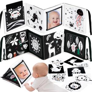 URMYWO Tummy Time Mirror Toys, High Contrast Black and White Baby Toys for Newborn, Baby Boy Girl Gifts, Visual Stimulation Learning Activity Cards, Soft Baby Book, Montessori Infant Toys 0-12 Months