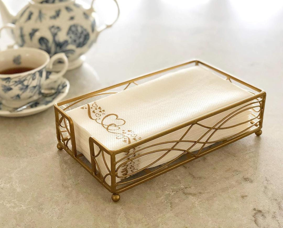 Antique Gold Elegant Sturdy Guest Napkin Holder | Premium Disposable Paper Hand Towel Storage Tray Caddy | Classic Brass Vintage Bronze | Bathroom Kitchen Dining Table Wedding Party Dcor