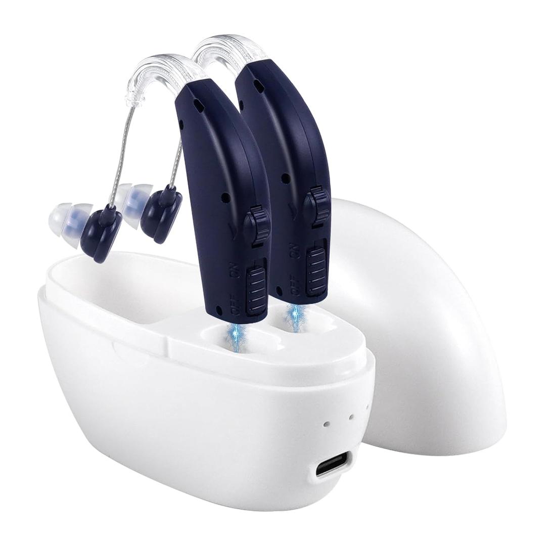 VCOM Hearing Aids for Seniors, Hearing Aid Amplifiers Devices Rechargeable with Noise Cancelling, Adjustable Volume Control, One Pair Hearing Assist Devices with Charging Box