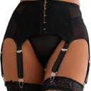 ohyeah Plus Size High Waist Garter Belt Set Lace Mesh Suspender Belt with 6 Vintage Metal Clip for Stockings (Medium-Large, Black)