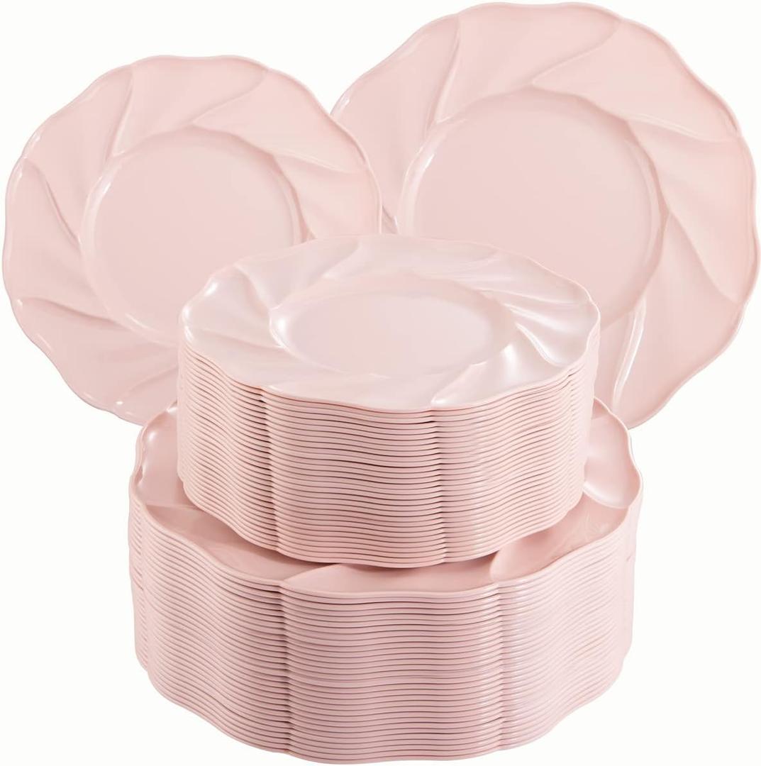 Morejoy 60PCS Pink Plastic Plates, Pink Party Plates, Pink Disposable Plates, Includes 30PCS Pink Dinner Plates, 30PCS Pink Dessert Plates, Perfect for Wedding & Shower & Mother's Day
