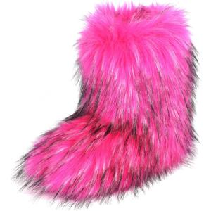 Fashion Fur Boots,Flat Heel Comfy Plush Warm Snow Booties,2025 Winter Outdoors Furry Boots,Mid-Calf Faux fur Boot for Women. (7.5 Wide, Pink)