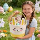 Easter Basket with Handle, Bunny Design for Boys and Girls, Egg Hunt Gift Basket (Yellow white)