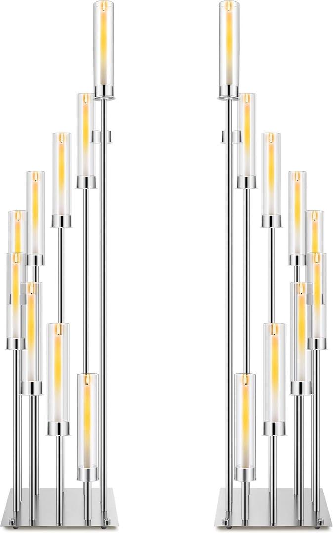 2 Pack 10 Arms Wedding Candelabras Centerpiece,50 Inches Tall Floor Standing Candle Holders with Clear Acrylic Shades, Silver Gold Candelabra for LED Candles Bridal Shower Party Decor(Silver)