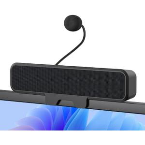 Computer Speakers with Microphone for Desktop PC, USB Monitor Speakers with Clip, Wired Laptop Sound Bar, Stereo & Bass, PC Speaker w/Mic for Meeting/Gaming/Online Learning, Easily Clamps to Monitor (Black)
