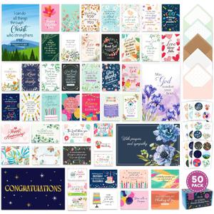 Decorably 50 Pack 4x6in Christian Greeting Cards Assortment Box with Envelopes and Stickers, 50 Religious Designs, Printed Message Inside - Birthday, Thank You, Congratulations, Wedding