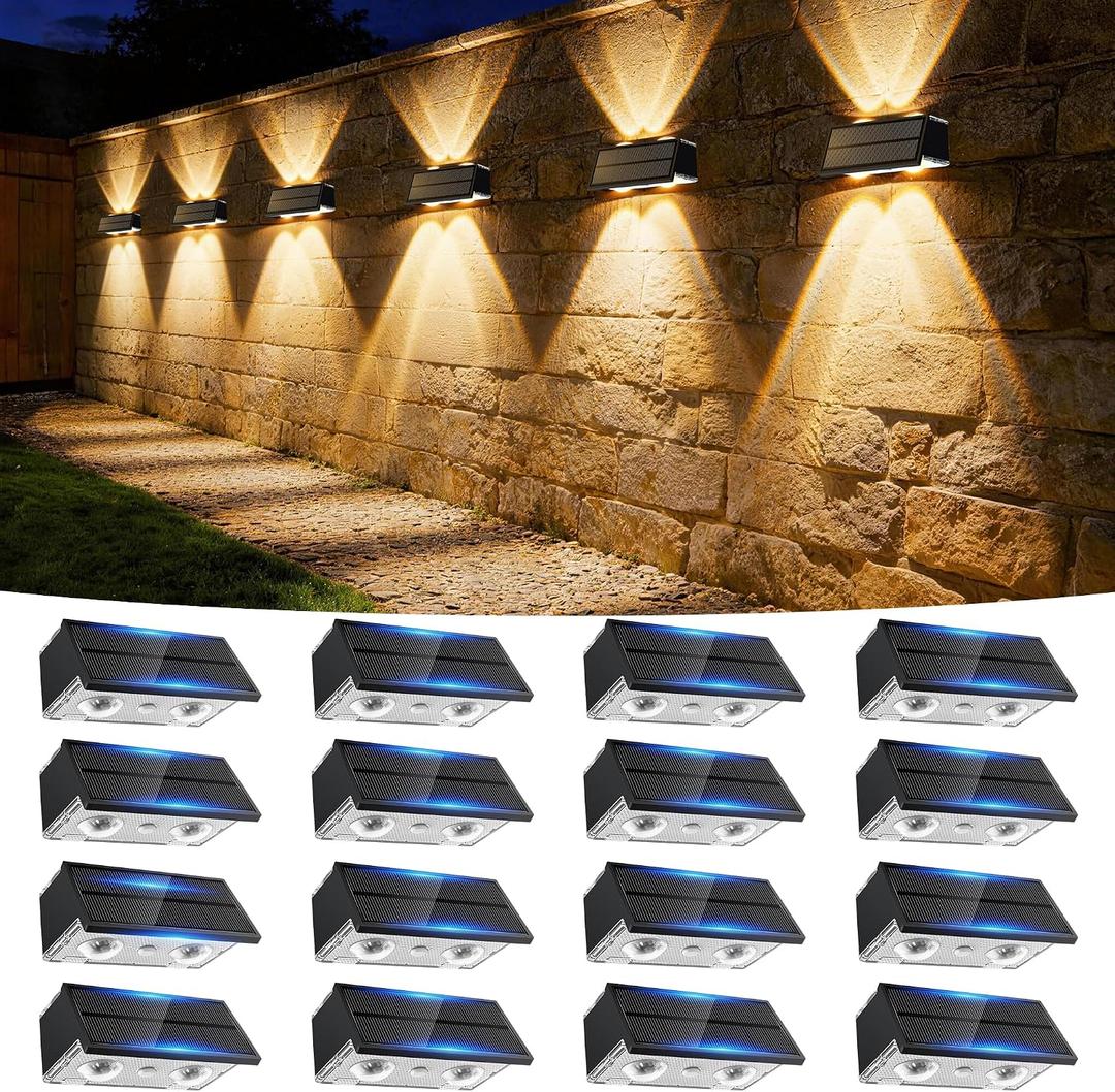 Solar Fence Lights Outdoor, 16 Pack Fence Solar Lights Waterproof | IP65 Fence Lights Solar Powered Up & Down LED Focus, 9 Color Modes, 12H Dusk to Dawn Glow for Pool/Patio/Backyard - Black