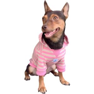 YQYS Dog Hoodie with Leash Hole, Striped Cotton Sweatershirt for Small Dogs, Good Look Outfits in Park, Daily Wear Warm Puppy Apparel for Indoor Outdoor Walking Pink Medium