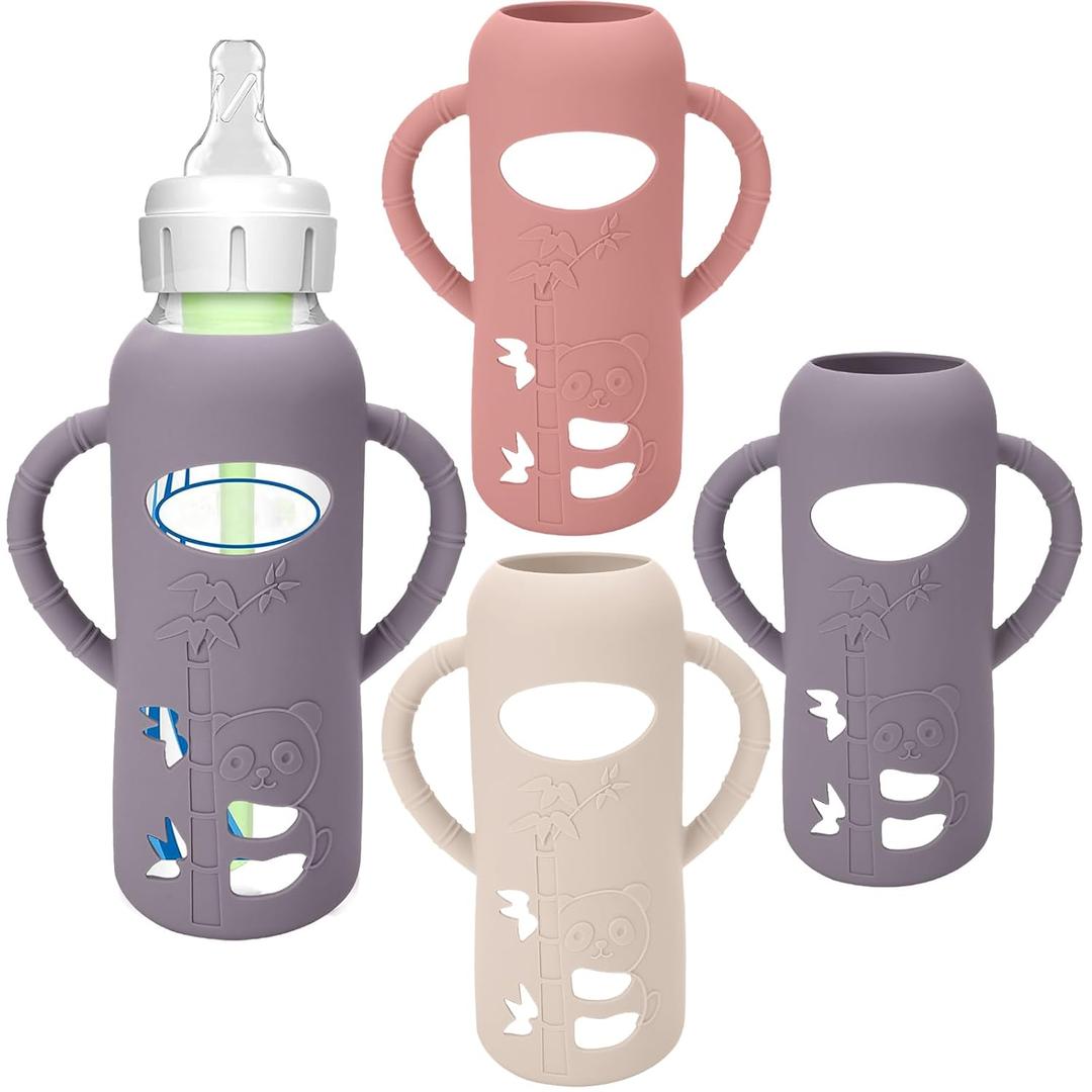 BUSOHA 3 Pack Silicone Sleeves for Dr Brown Glass Baby Bottles - Drop Protection Baby Bottle Sleeves,Compatible with Dr. Brown's Newborn Glass Bottles,with Silicone Handles,8 oz (Gray+Pink+Beige)