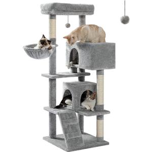 PEQULTI 56.3'' Cat Tree for Large Cats with Super Large Top Perch, Tower for Indoor Cats with Hammock and Sleeping Bag, Cat Shelves with Scratching Posts and 2 Condos Houses Grey