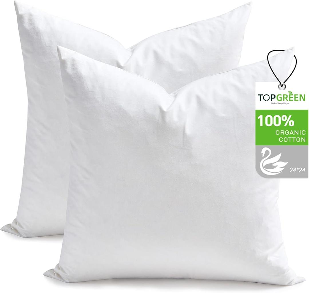 TOPGREEN Feathers Down Throw Pillow Inserts 24x24, Set of 2, 100% Organic Cotton Shell, Soft Decorative Square Pillow Insert for Living Room Sofa, Couch, or Bed (White)