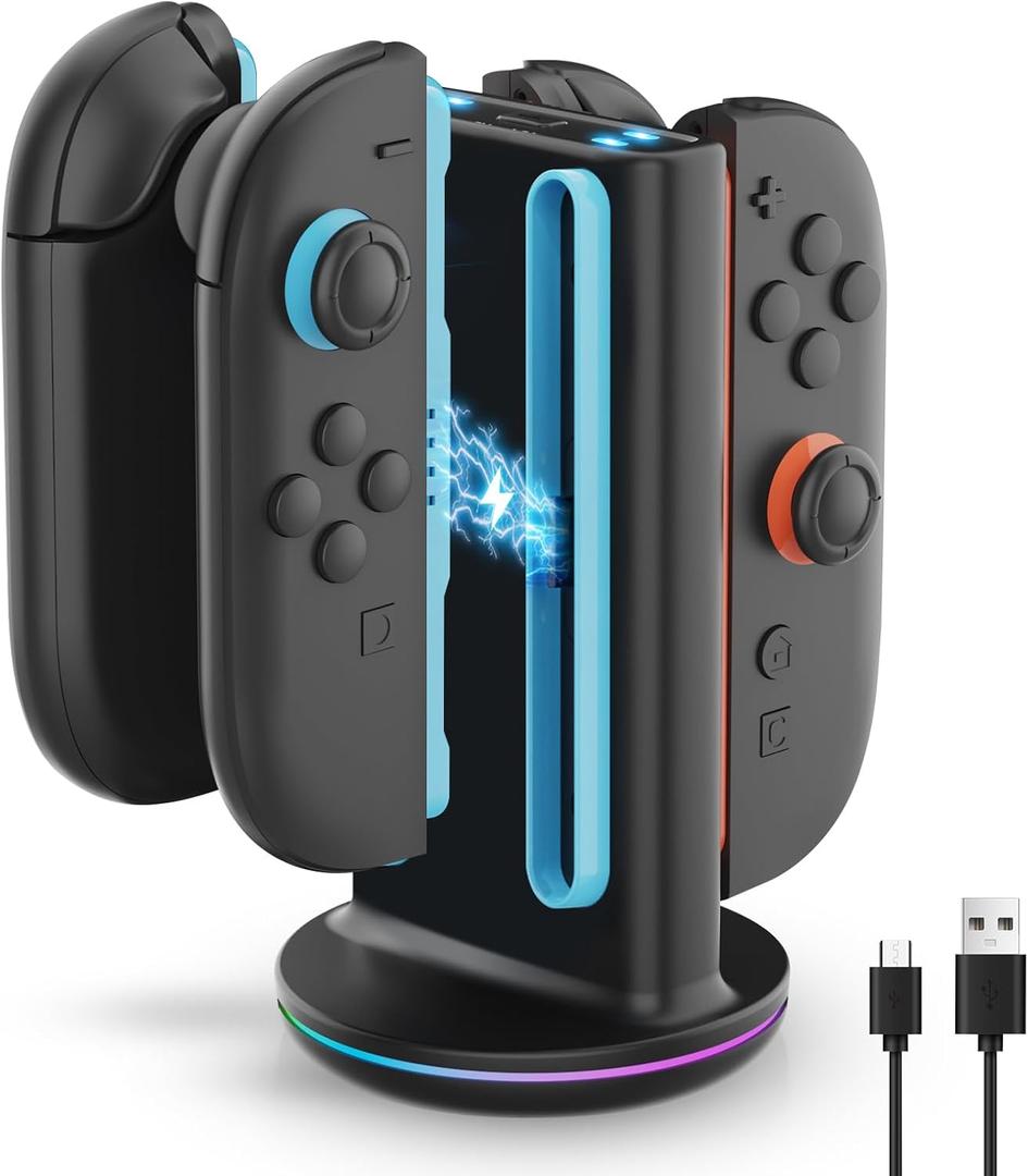 Charging Dock for NS2 Joypad – 4-in-1 Controller Charging Station with LED Indicator & 9 Light Effects, Type-C Powered, Compatible with Original Switch 2 Dock and Joypad