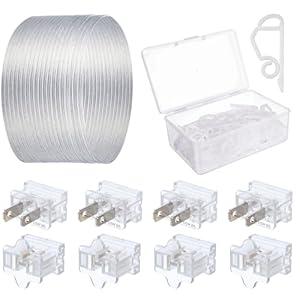 Yoojahow 109 Pcs 50FT SPT-1 Electrical Wire with Female and Male Plugs and Light Clips Weatherproof 18AWG 2-Conductor Wire for Indoor Outdoor Light String Lamp Cord Holiday Party Supplies Clear