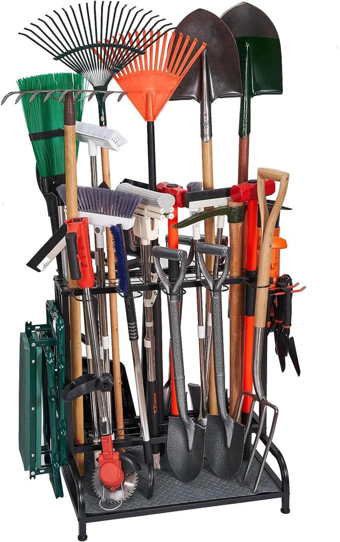 Garden Tool Organizer, Yard Tools Rack Holds 55 Long-Handled Tools/Rakes/Brooms for Garage Organization and Storage, Shed, Outdoor, Lawn, Heavy-Duty Steel, Black, Easy Assembly (Yard Tool Storage)