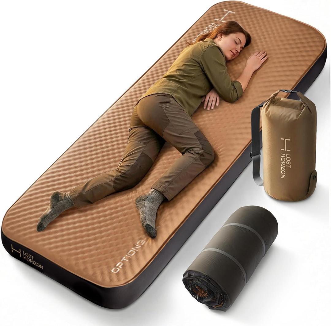 LOSTHORIZON Air & Foam Camping Mattress, Self-Inflating Sleeping Pad, 4.5" Thick, with Pump Sack, Single (Brown)