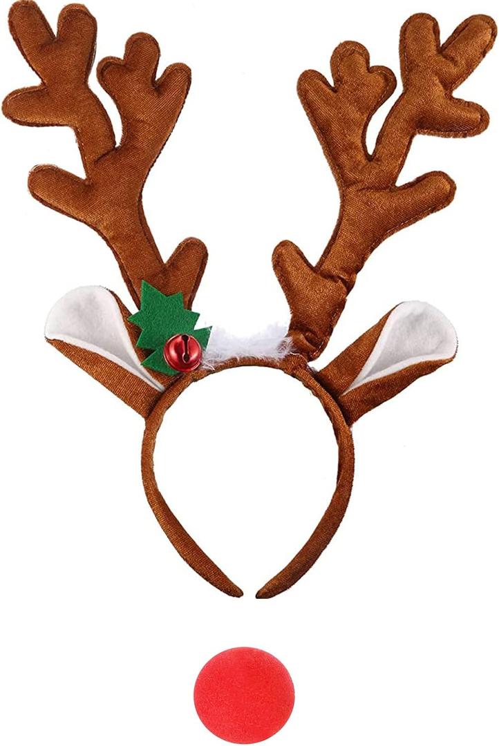 Christmas Reindeer Antlers Headbands with Red Nose, Antlers Hair Hoop Headpiece for Christmas and Holiday Parties Favors Multicolor