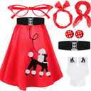 Women 1950s Poodle Skirt Costume Outfit Sock Hop Costume Skirt Scarf Belt Sock Eyeglass (X-Large, Red)