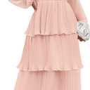 ZESICA Women's 2026 Long Sleeve Crew Neck Ruffle Tiered Layered Chiffon Flowy Swing Long Midi Dress (X-Large, Pink)