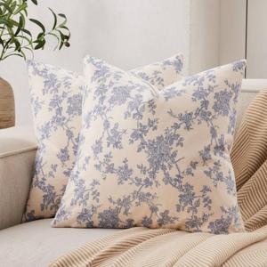 100% Cotton French Pastoral Throw Pillow Covers Set of 2, 24x24 Inch Blue Farmhouse Decorative Cushion Covers for Sofa Bed Living Room Home Decor