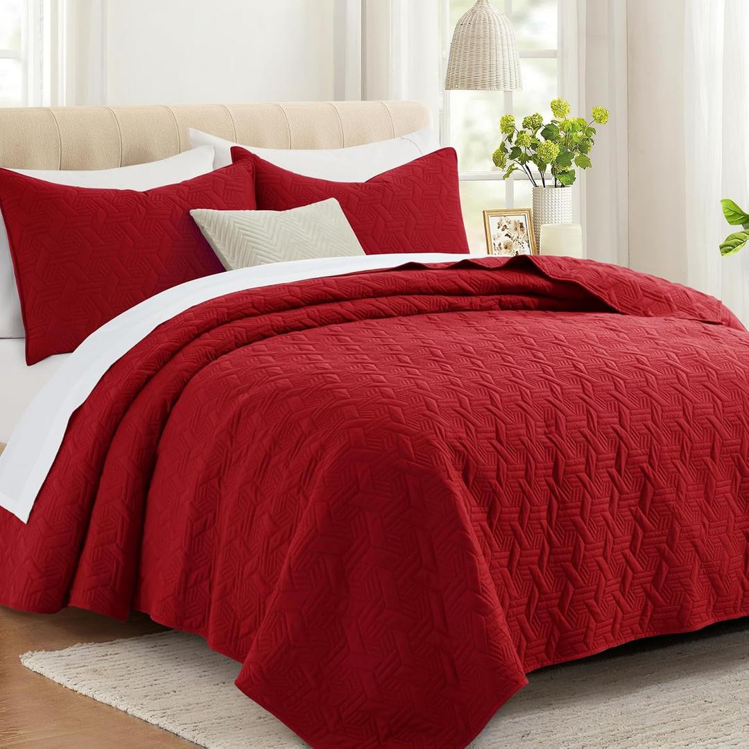 Lavsiry Red Queen Size Quilt Bedding Set with Pillow Shams, Summer Lightweight Bedspread Coverlet, Soft Quilted Blanket Thin Comforter for All Seasons (Full/Queen(90"x96"))