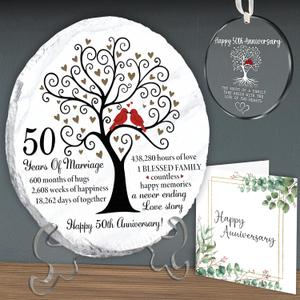 8" 50th Anniversary Slate Stone with Stand, Happy Golden 50th Wedding Anniversary Set for Parents with Ornament and Card, 50 Years of Love and Marriage Keepsake, Gifts for Couple, Husband, Wife