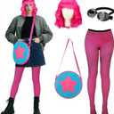 5 Pcs Halloween Punk Anime Costume for Women Girls Set Pink Wig and Pantyhose Punk Glasses Shoulder Bag Black Fishnet Stockings Halloween Dimensional Traveler Cosplay