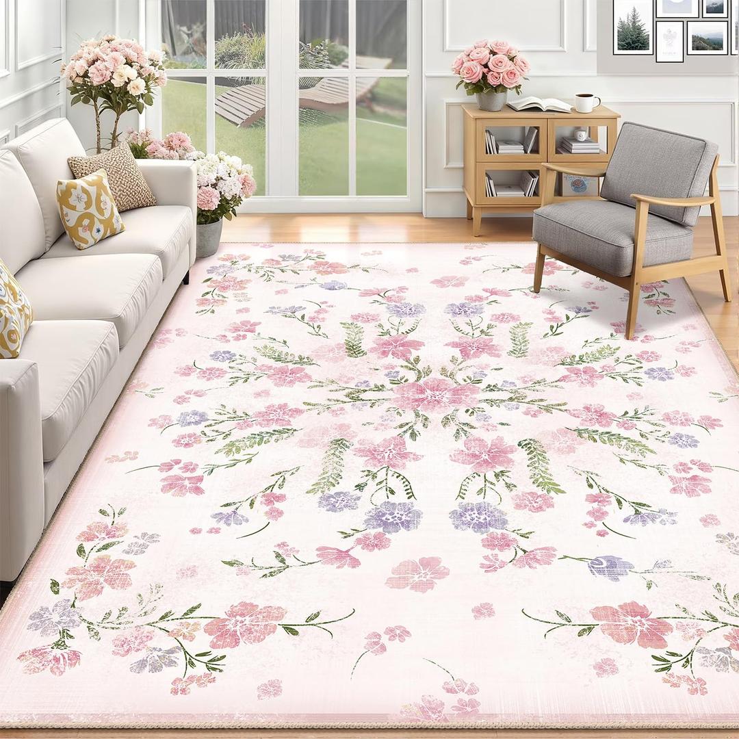 Castage Large Pink Floral Area Rugs 8x10 Washable Rug for Living Room Bedroom Dining Room,Boho Vintage Bohemian Distressed Farmhouse Non Slip Carpet,Blush Flowers Decor