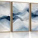 myusuar 3 Piece Large Abstract Framed Wall Art For Living Room, Smoke Texture Ink Navy Blue Canvas Wall Art Modern Minimalist Art Prints Wall Dcor For Bedroom Office 12x16in