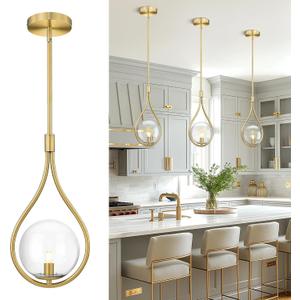 AUTELO Gold Pendant Lights Kitchen Island, 1-Light Hanging Lamp in Brushed Gold Finish with Clear Globe Glass, Mid Century Pendant Lights Kitchen Island, Gold Hanging Lights for Kitchen H9377 CLBG